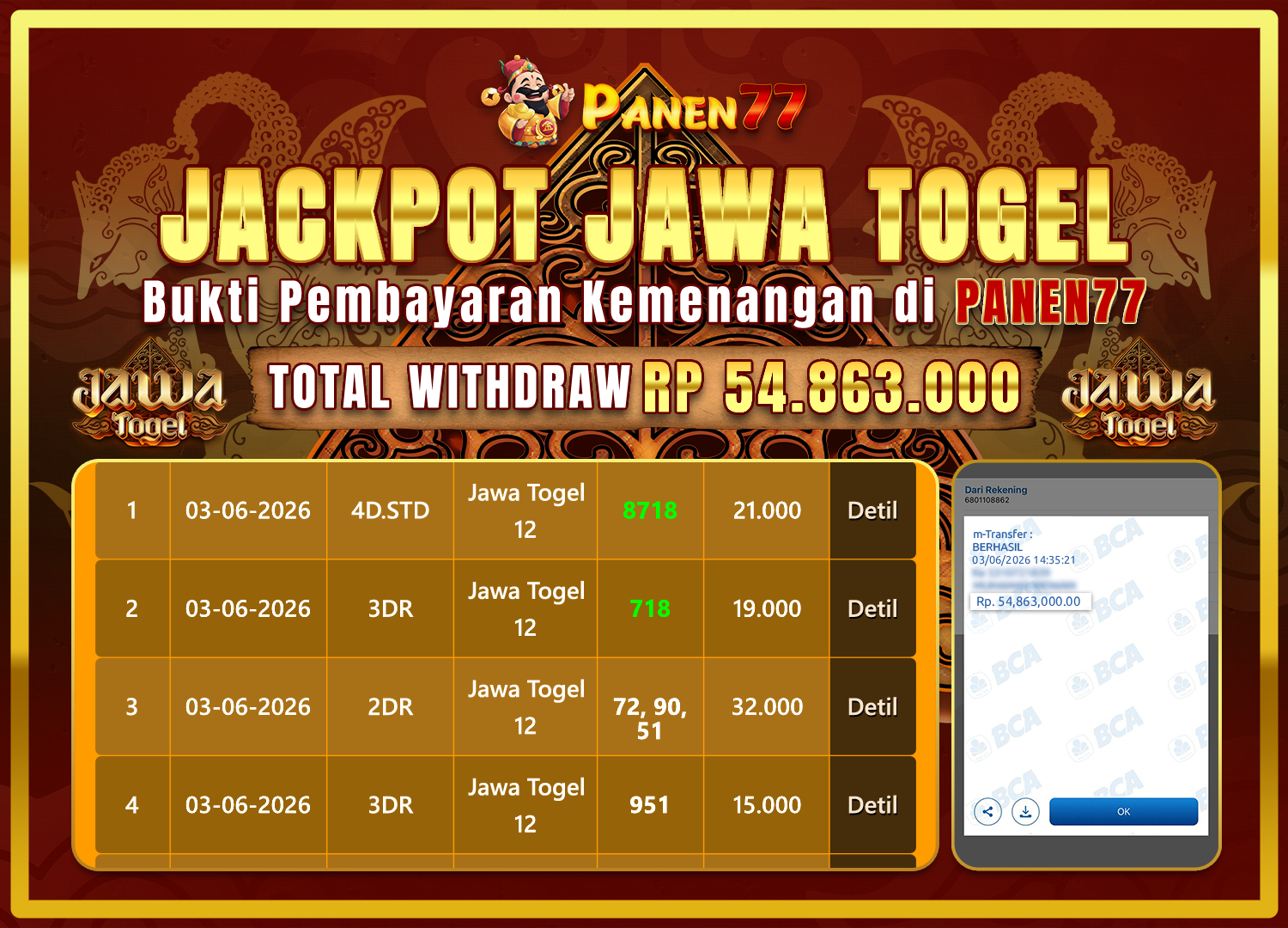 TEMBUS! JAWA TOGEL BAYAR 54 JUTA UNTUK MEMBER PANEN77! - PANEN77