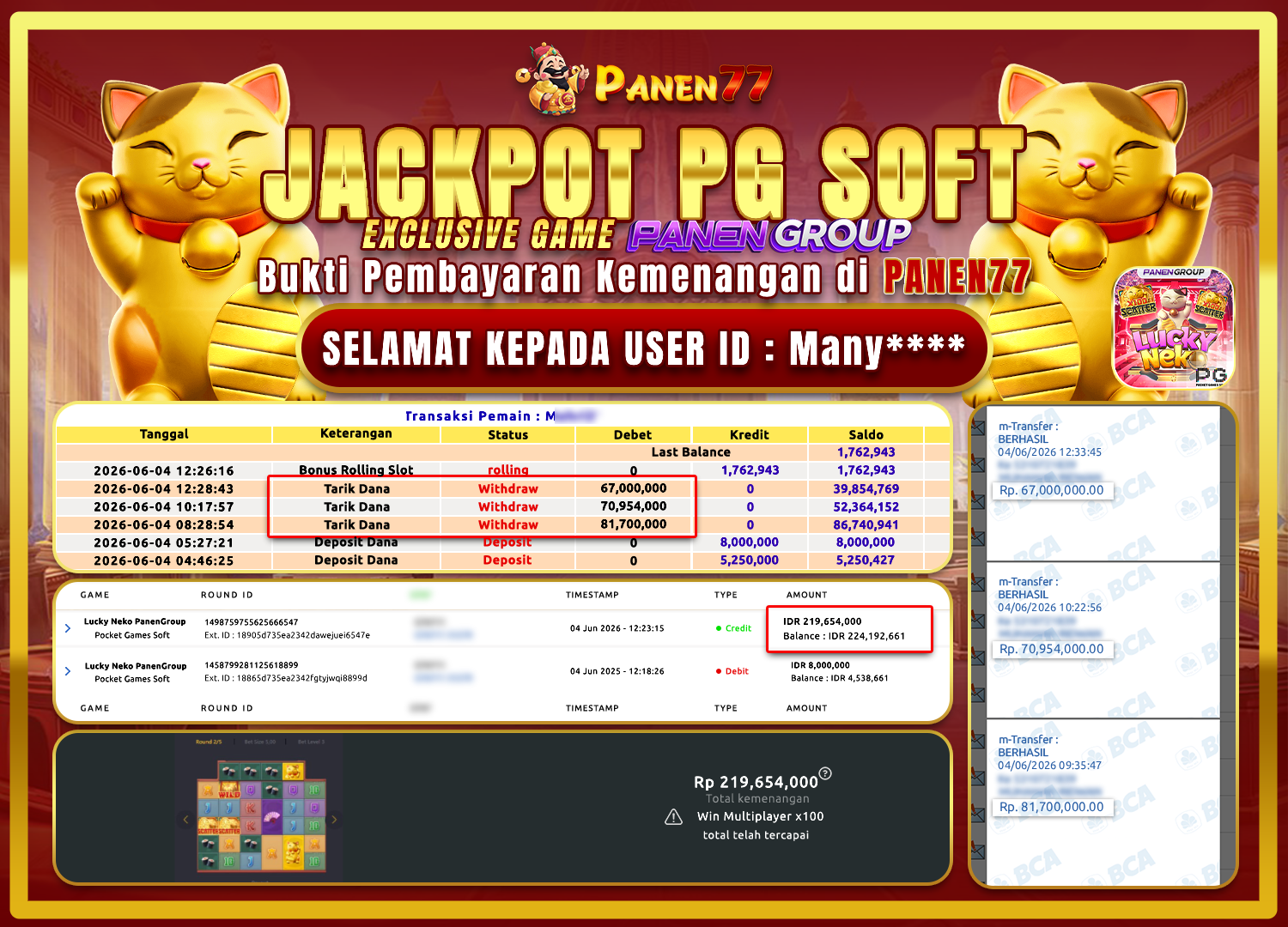 PANEN CUAN! LUCKY NEKO JEBOL 219 JUTA DI PANEN77! - PANEN77