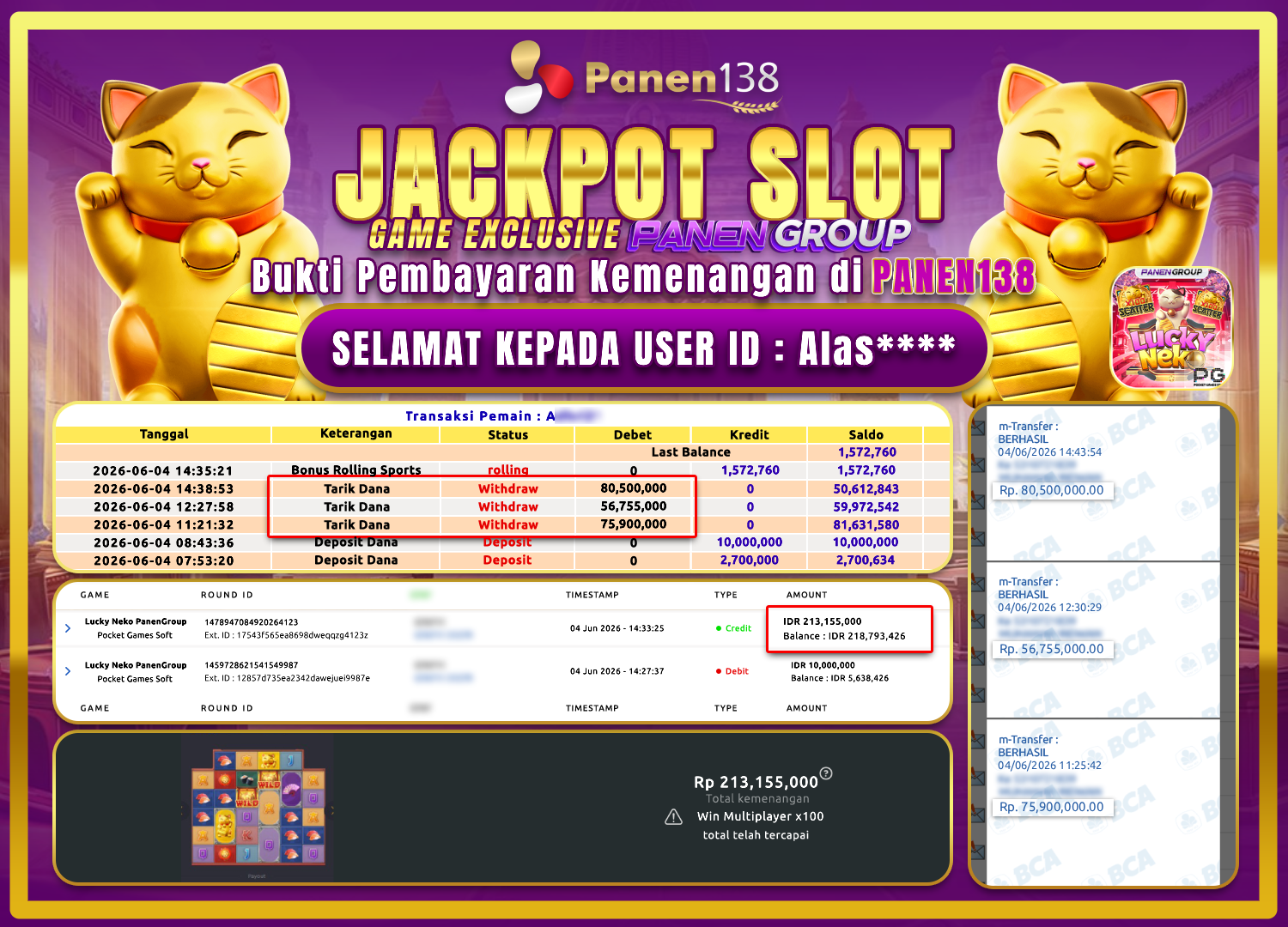 AUTO TAJIR! LUCKY NEKO BAYAR 213 JUTA KEPADA MEMBER! - PANEN138