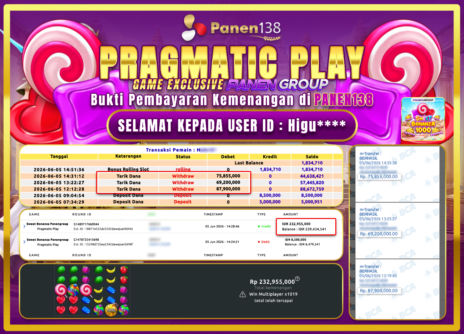 SCATTER MANIA! SWEET BONANZA JEBOL 232 JUTA RUPIAH! - PANEN138