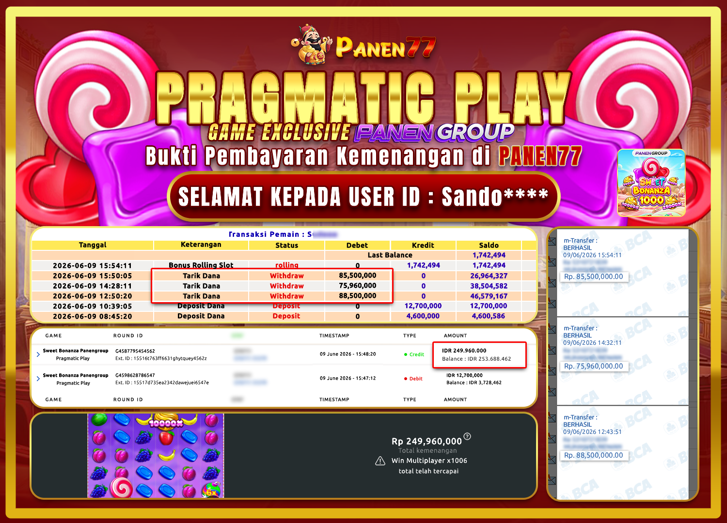 TERBUKTI! SWEET BONANZA JEBOL SAMPAI 249 JUTA RUPIAH! - PANEN77