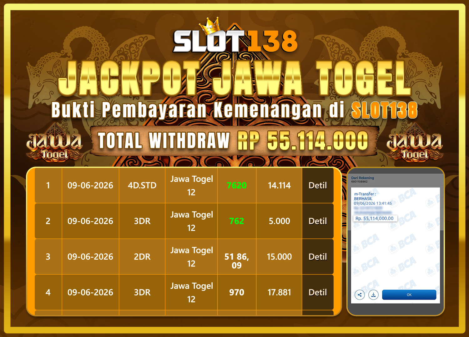 FANTASTIS! JAWA TOGEL BAYAR 55 JUTA JACKPOT GEDE! - SLOT138