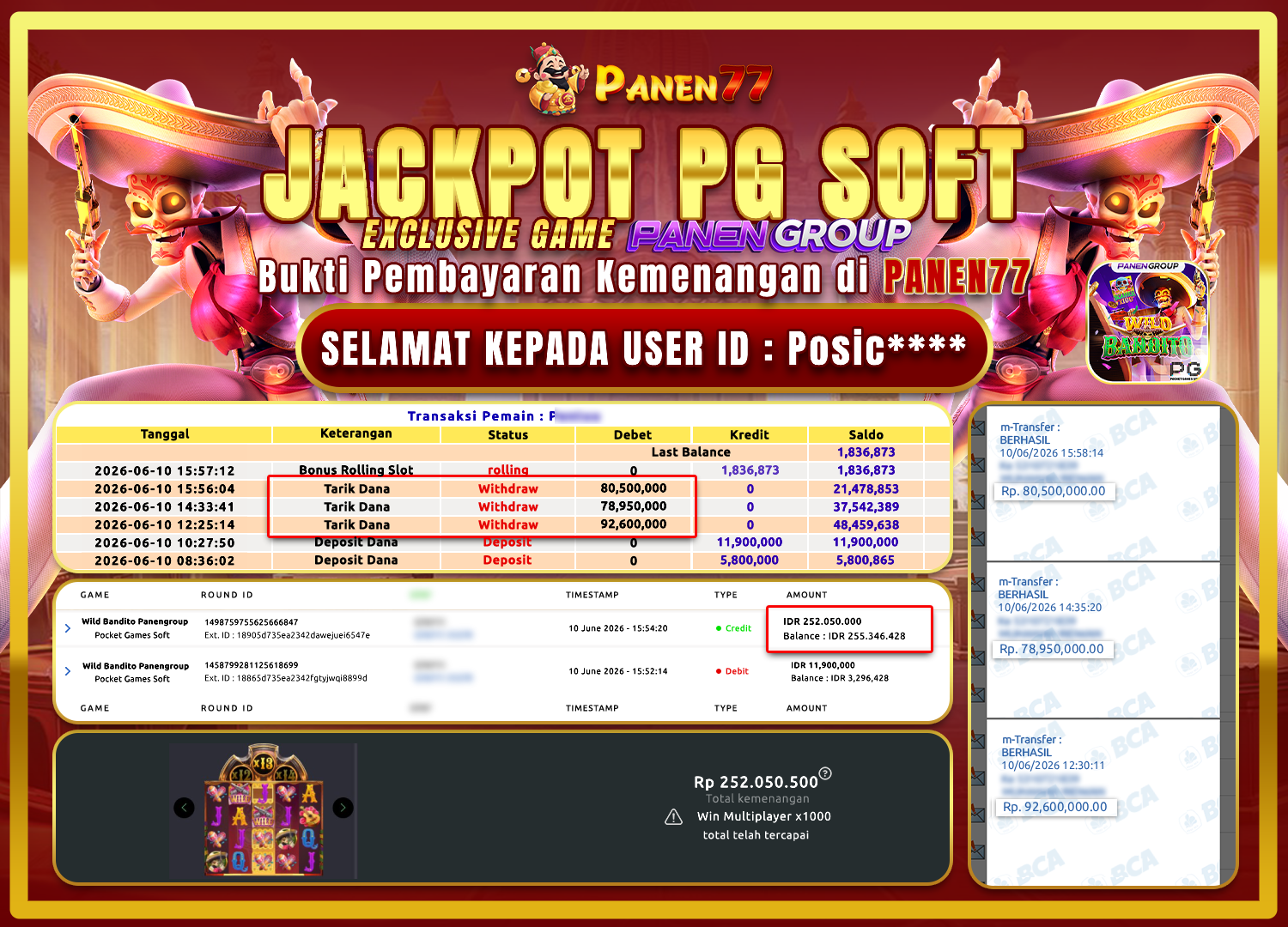 KEREN! WILD BANDITO JEBOL 252 JUTA - POSIC JADI SULTAN! - PANEN77
